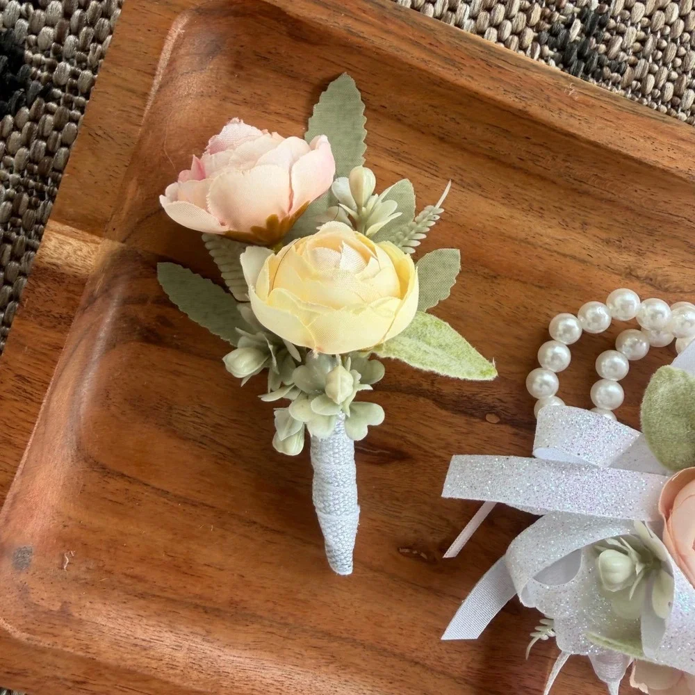 Corsage Boutonnière Hair Comb Pink Peach White Set Prom Floral Set Prom Keepsake